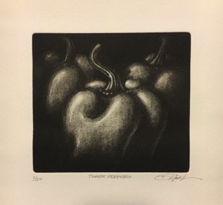 "Three Peppers" Mezzotint. Image size 5.75" x 6.5" (inches). Edition of 24. $120.oo unframed.